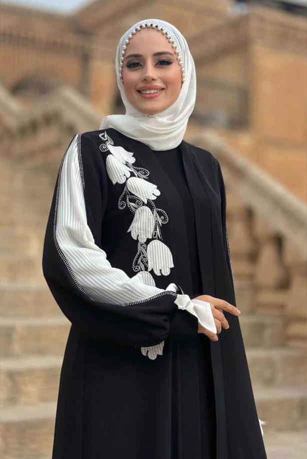 Tesettür giyim SİYAH ÇİÇEK İŞLEMELİ ABAYA T 4193 - TRENDTESETTÜR