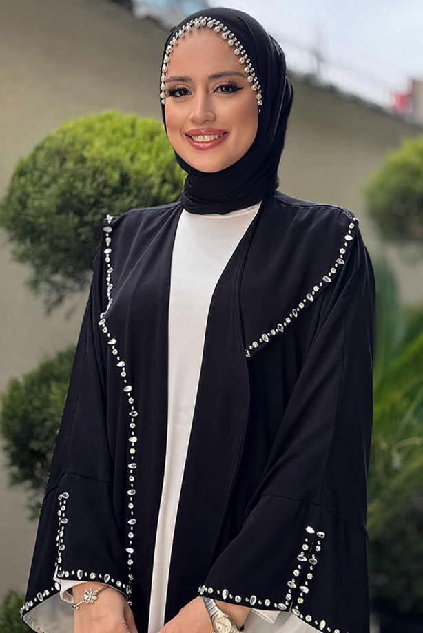 Tesettür giyim SİYAH TAŞ DETAYLI ABAYA T 70007 - TRENDTESETTÜR