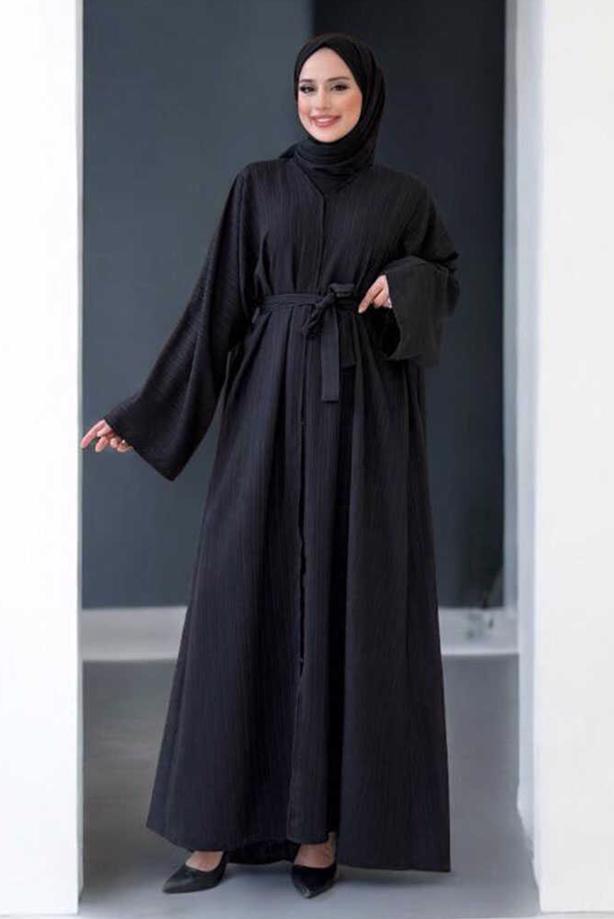 Tesettür giyim SİYAH KUŞAKLI ABAYA T 71007 - TRENDTESETTÜR