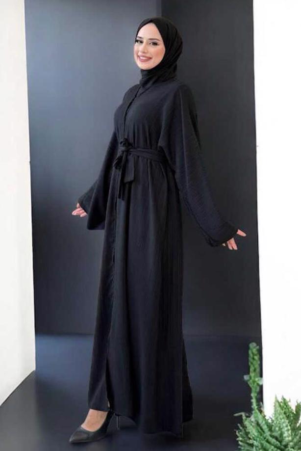 Tesettür giyim SİYAH KUŞAKLI ABAYA T 71007 - TRENDTESETTÜR