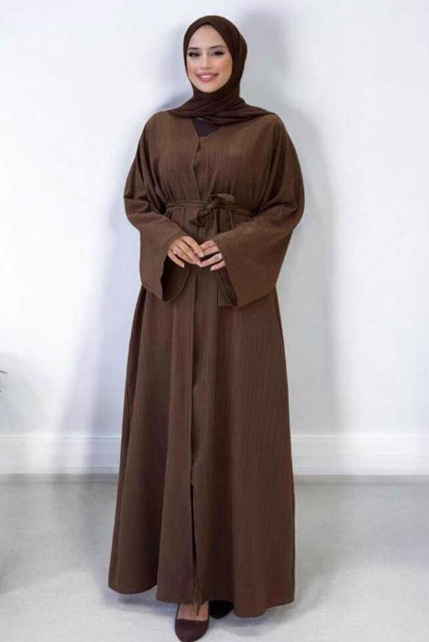 Tesettür giyim KAHVE KUŞAKLI ABAYA T 71007 - TRENDTESETTÜR
