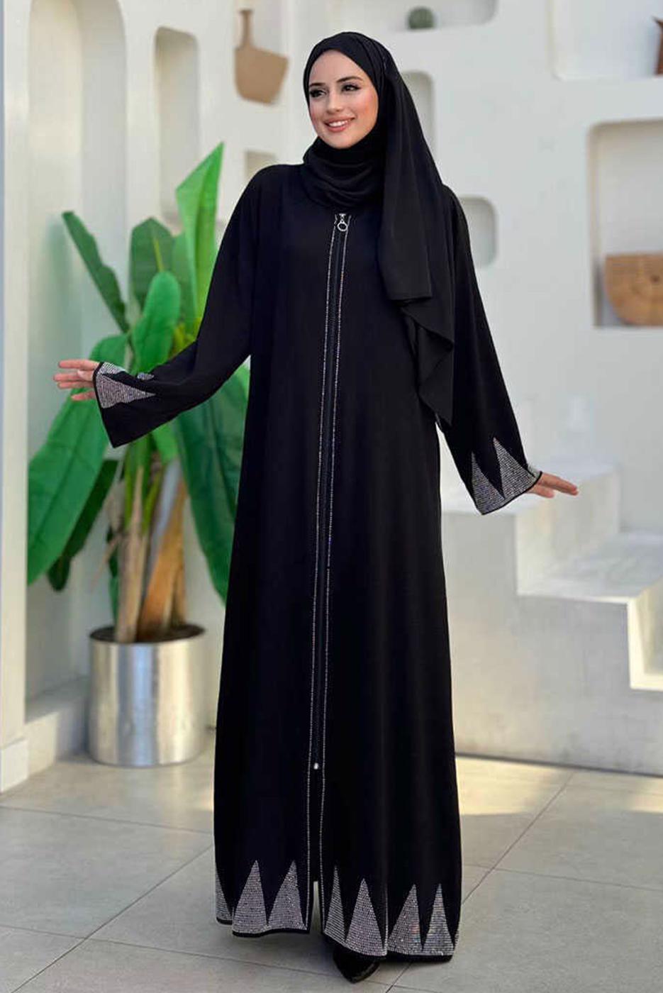 Tesettür giyim SİYAH TAŞ DETAYLI FERACE T 8193