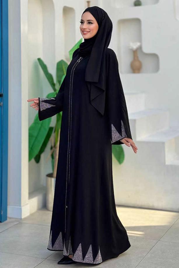 Tesettür giyim SİYAH TAŞ DETAYLI FERACE T 8193 - TRENDTESETTÜR