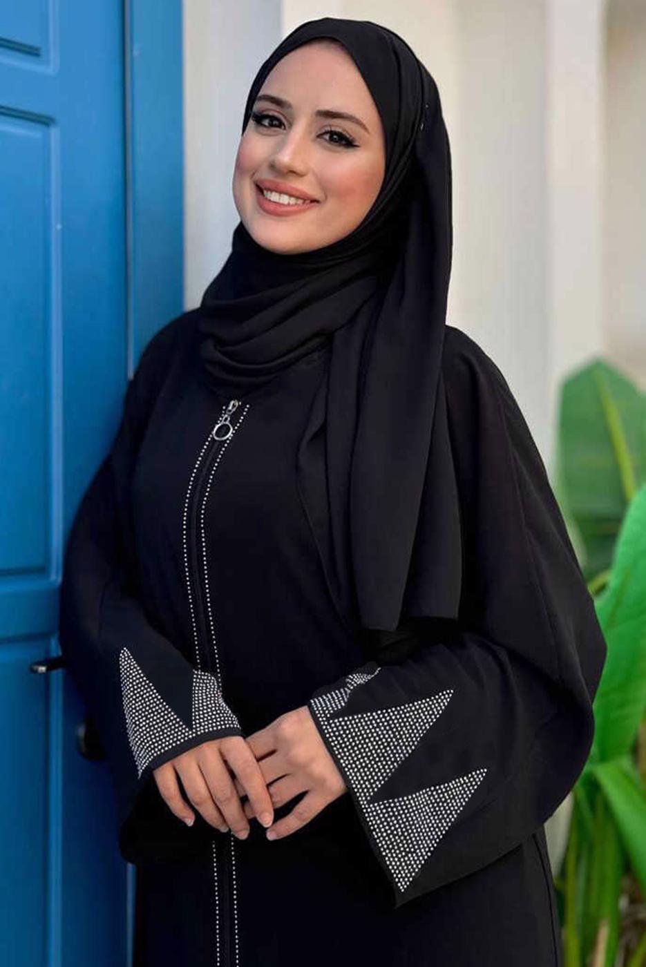 Tesettür giyim SİYAH TAŞ DETAYLI FERACE T 8193