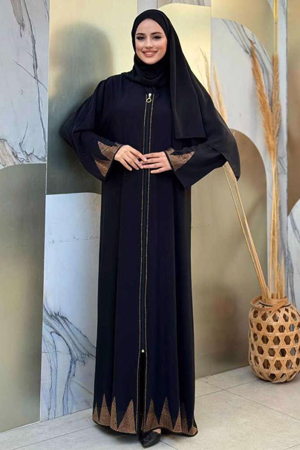 Tesettür giyim SİYAH TAŞ DETAYLI FERACE T 8193 - TRENDTESETTÜR