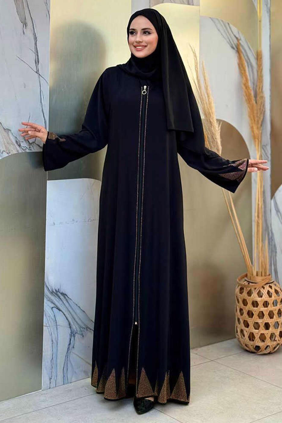 Tesettür giyim SİYAH TAŞ DETAYLI FERACE T 8193