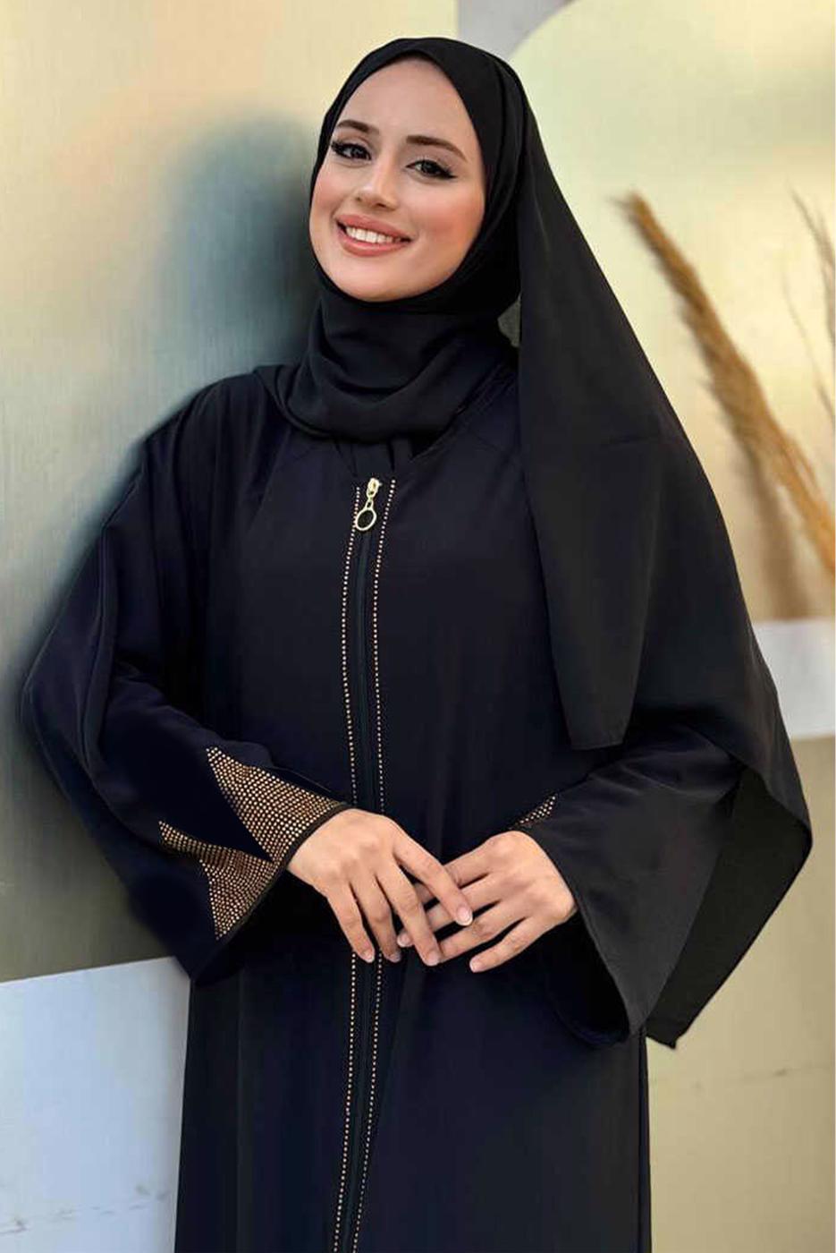Tesettür giyim SİYAH TAŞ DETAYLI FERACE T 8193