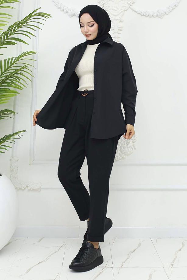 Tesettür giyim SİYAH KEMERLİ KETEN PANTOLON T 0666 - TRENDTESETTÜR