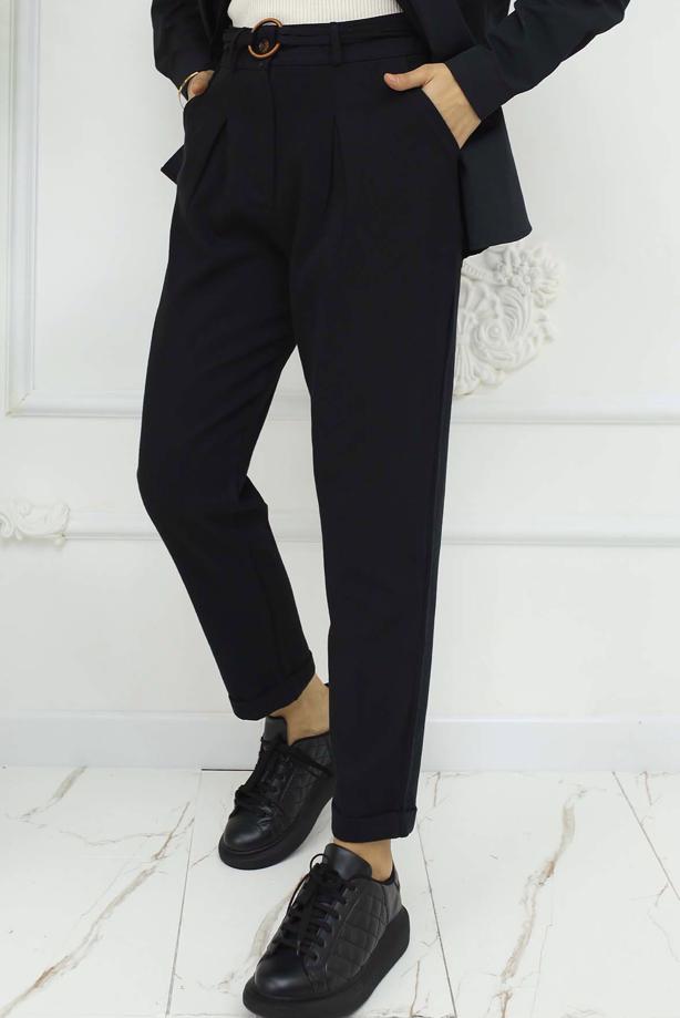 Tesettür giyim SİYAH KEMERLİ KETEN PANTOLON T 0666 - TRENDTESETTÜR