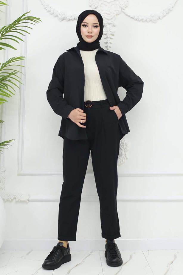 Tesettür giyim SİYAH KEMERLİ KETEN PANTOLON T 0666 - TRENDTESETTÜR