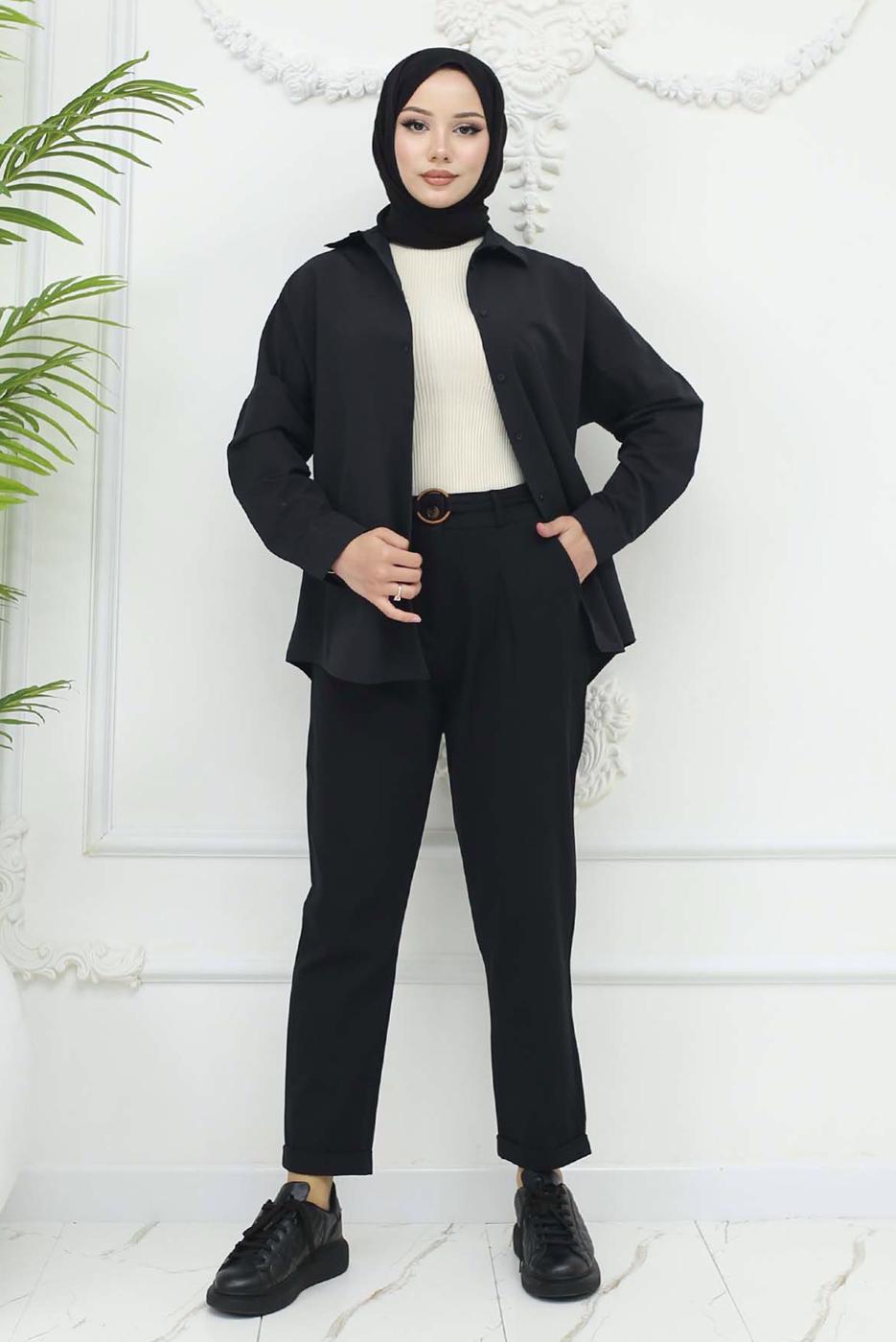 Tesettür giyim SİYAH KEMERLİ KETEN PANTOLON T 0666