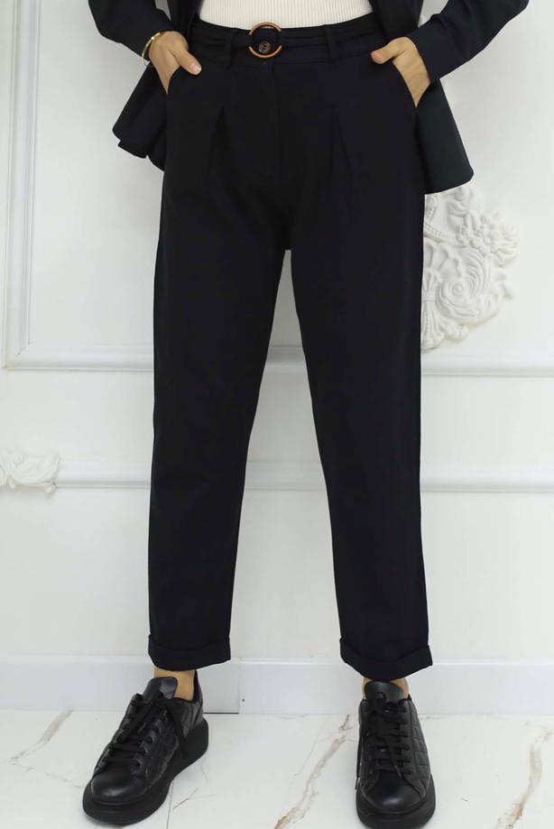 Tesettür giyim SİYAH KEMERLİ KETEN PANTOLON T 0666 - TRENDTESETTÜR