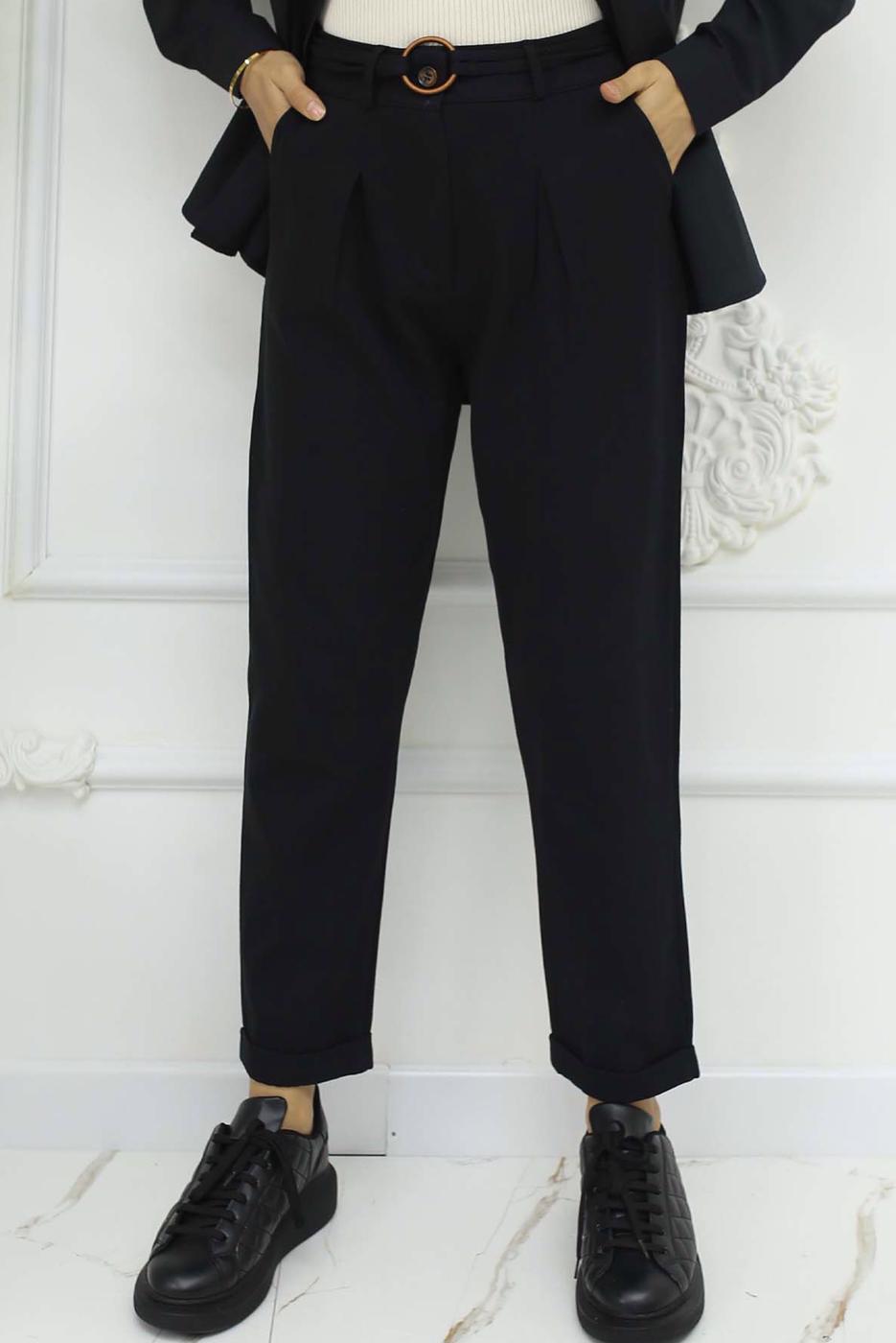 Tesettür giyim SİYAH KEMERLİ KETEN PANTOLON T 0666