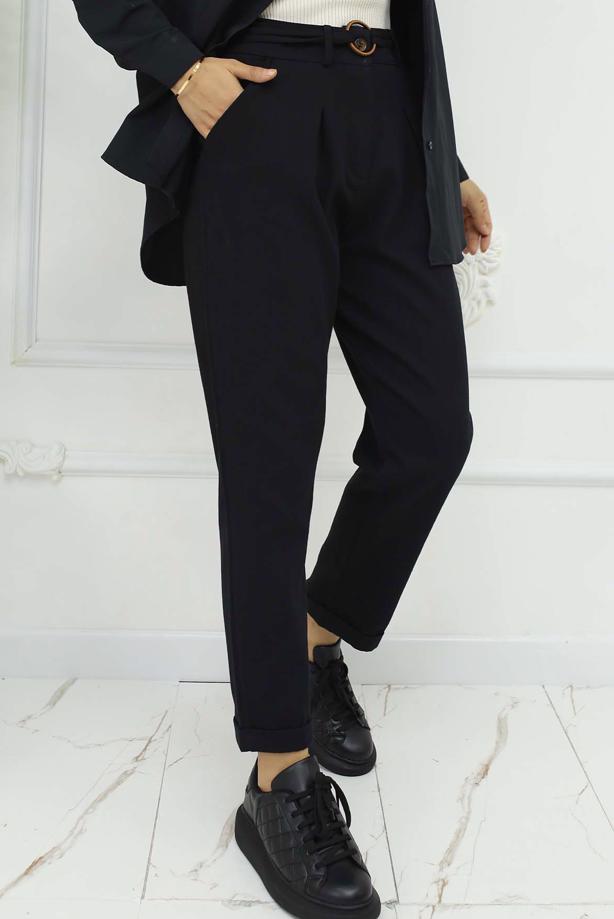Tesettür giyim SİYAH KEMERLİ KETEN PANTOLON T 0666 - TRENDTESETTÜR