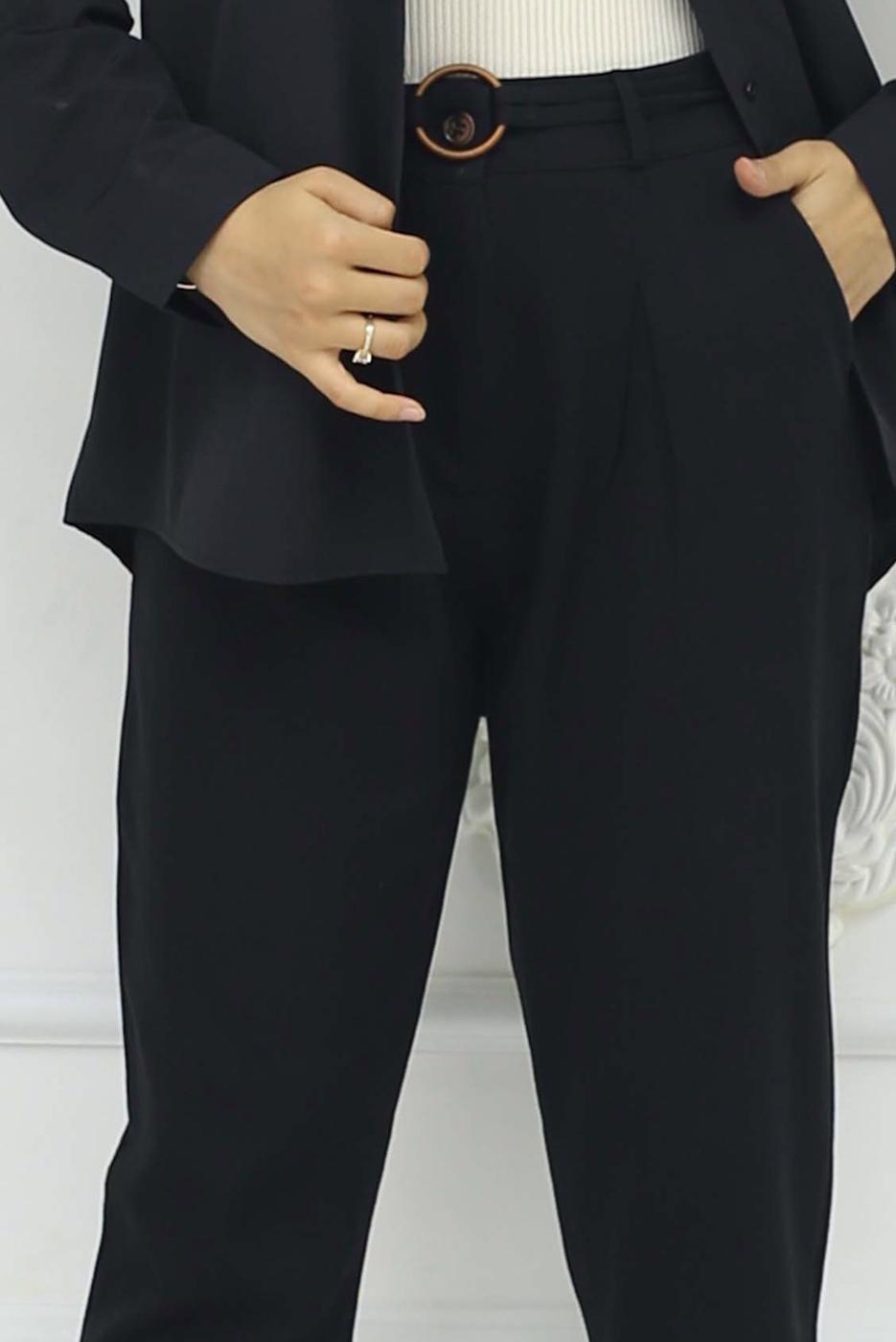 Tesettür giyim SİYAH KEMERLİ KETEN PANTOLON T 0666