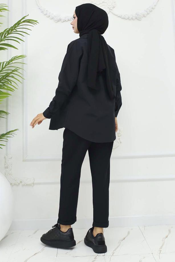 Tesettür giyim SİYAH KEMERLİ KETEN PANTOLON T 0666 - TRENDTESETTÜR