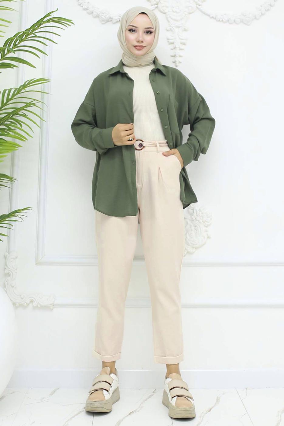 Vêtements hijab BEIGE PANTALON EN LIN CEINTURÉ T 0666