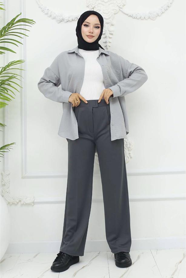 Hijab clothing GREY COTTON PALAZZO TROUSERS T 4403 - TRENDTESETTÜR