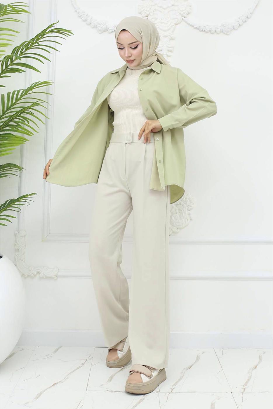 Tesettür giyim BEJ PAMUKLU PALAZZO PANTOLON T 4403