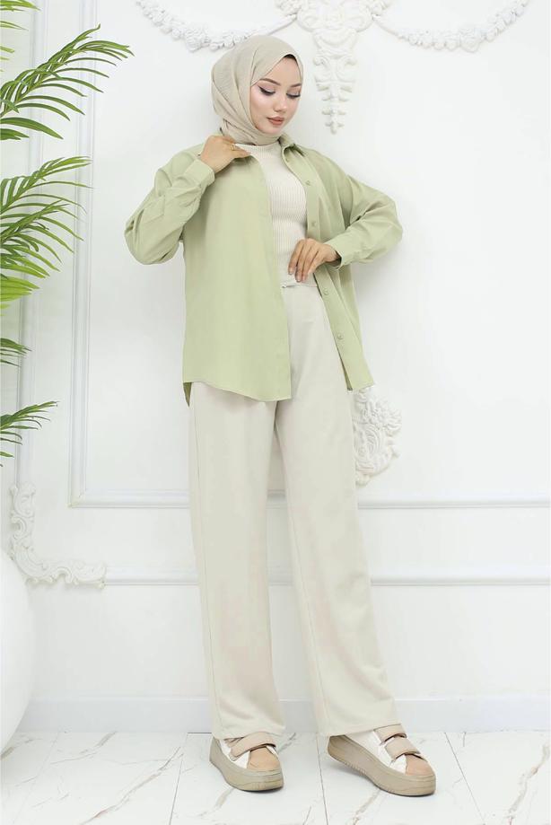 Tesettür giyim BEJ PAMUKLU PALAZZO PANTOLON T 4403 - TRENDTESETTÜR