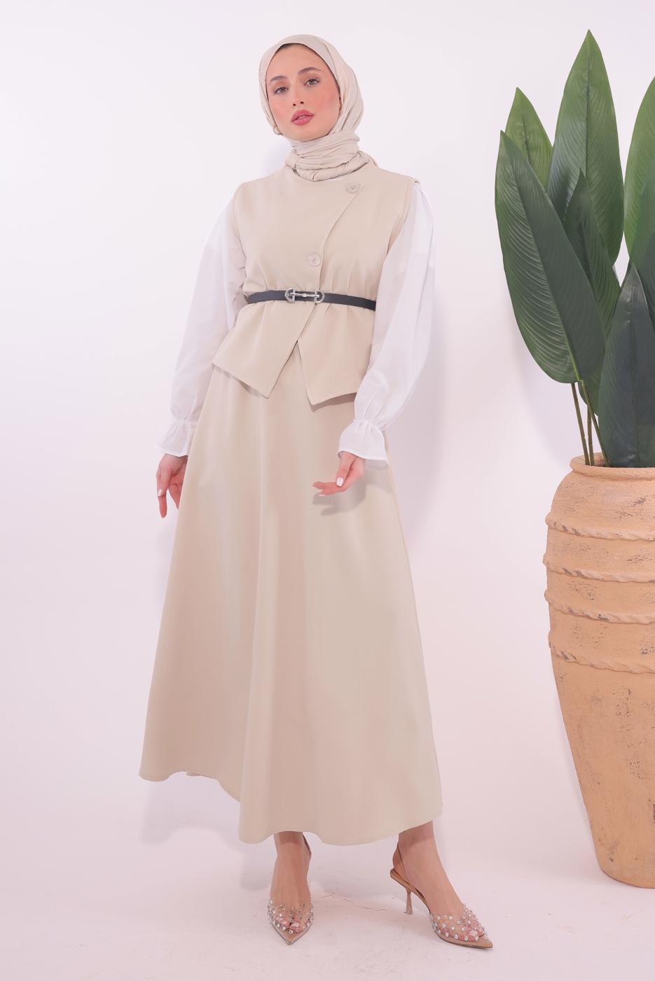 Tesettür giyim BEJ KEMERLİ ETEKLİ TAKIM T 1184