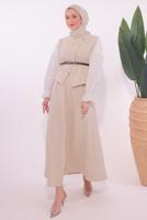 Tesettür giyim BEJ KEMERLİ ETEKLİ TAKIM T 1184