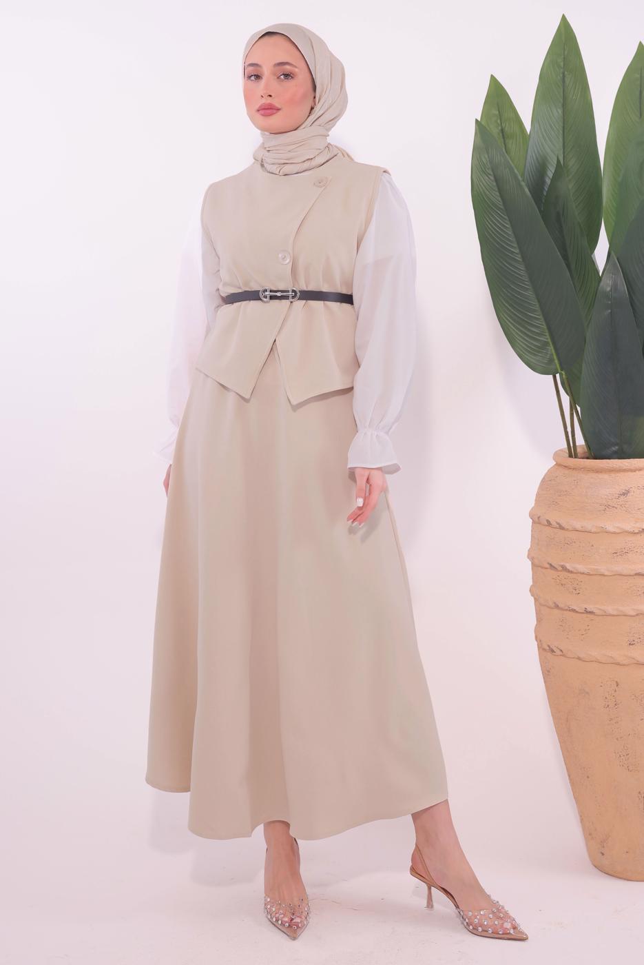 Tesettür giyim BEJ KEMERLİ ETEKLİ TAKIM T 1184