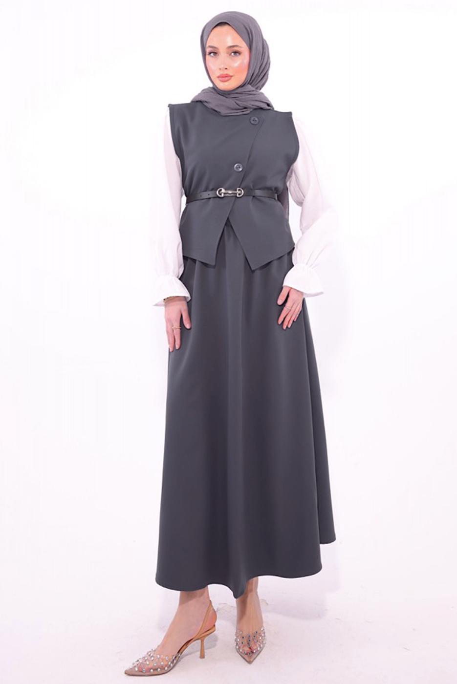 Tesettür giyim GRİ KEMERLİ ETEKLİ TAKIM T 1184