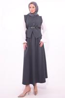 Tesettür giyim GRİ KEMERLİ ETEKLİ TAKIM T 1184