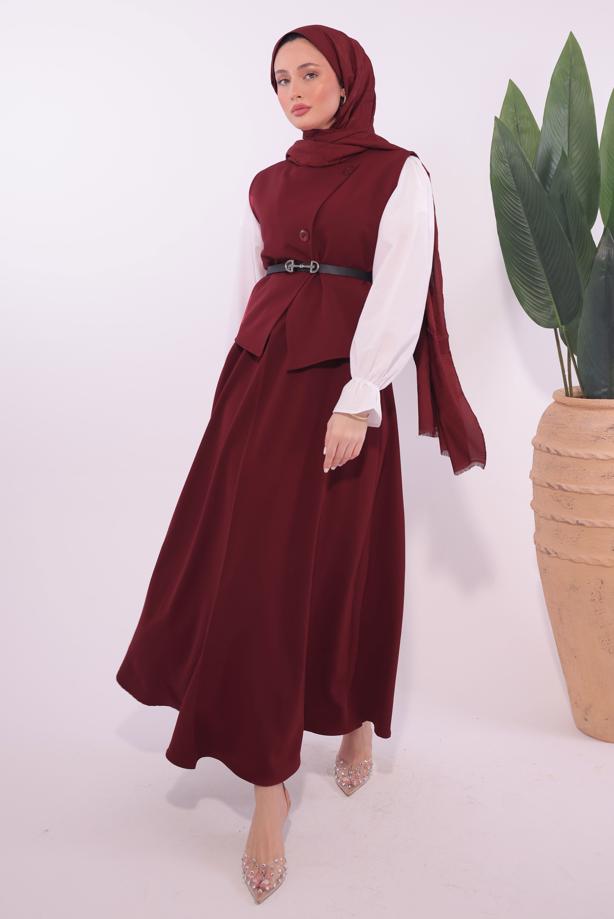 Tesettür giyim BORDO KEMERLİ ETEKLİ TAKIM T 1184 - TRENDTESETTÜR