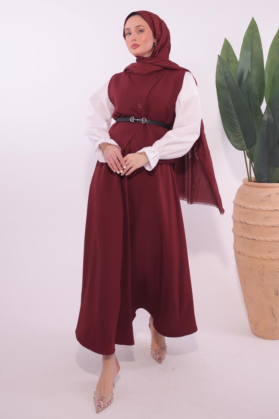 Vêtements hijab ROUGE BORDEAUX COSTUME JUPE CEINTURE T 1184