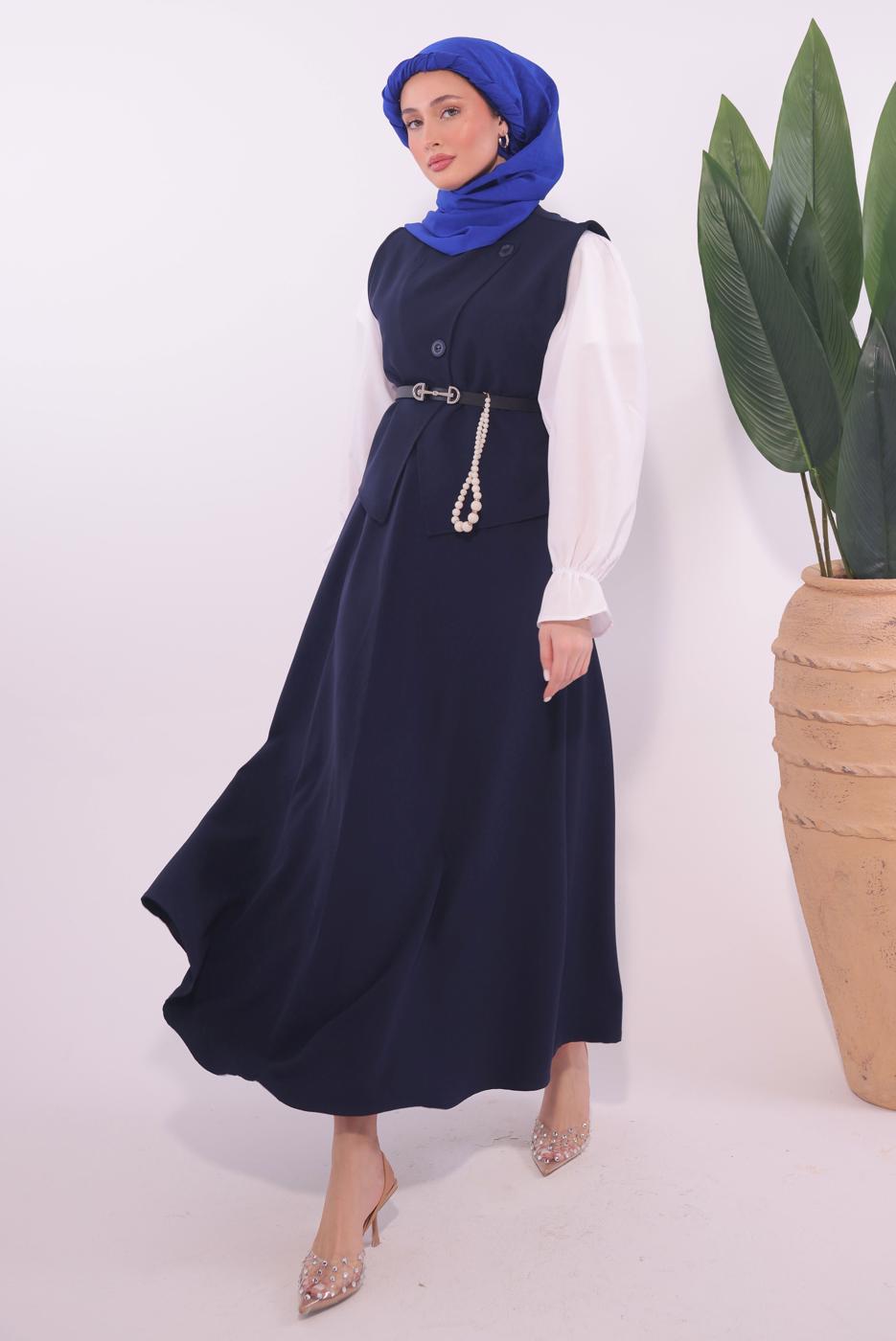 Tesettür giyim LACİVERT KEMERLİ ETEKLİ TAKIM T 1184