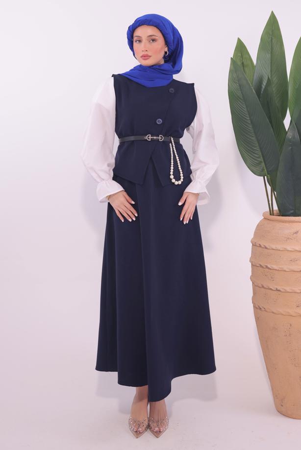 Tesettür giyim LACİVERT KEMERLİ ETEKLİ TAKIM T 1184 - TRENDTESETTÜR