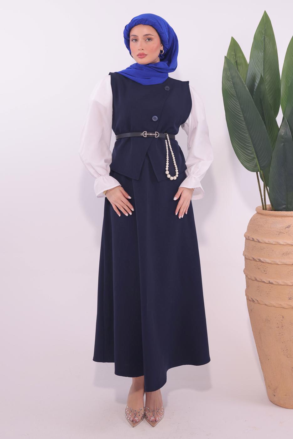 Tesettür giyim LACİVERT KEMERLİ ETEKLİ TAKIM T 1184