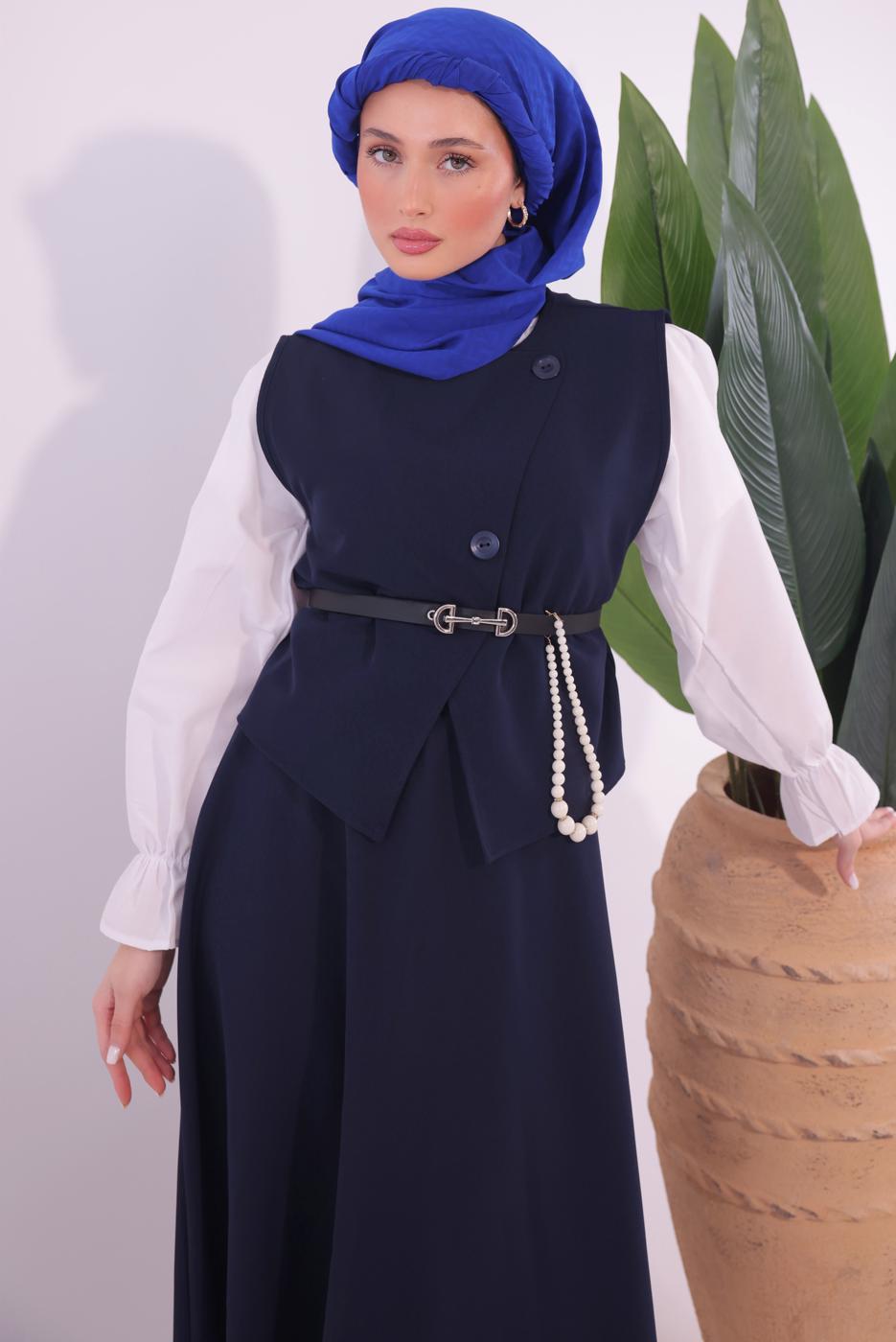 Tesettür giyim LACİVERT KEMERLİ ETEKLİ TAKIM T 1184