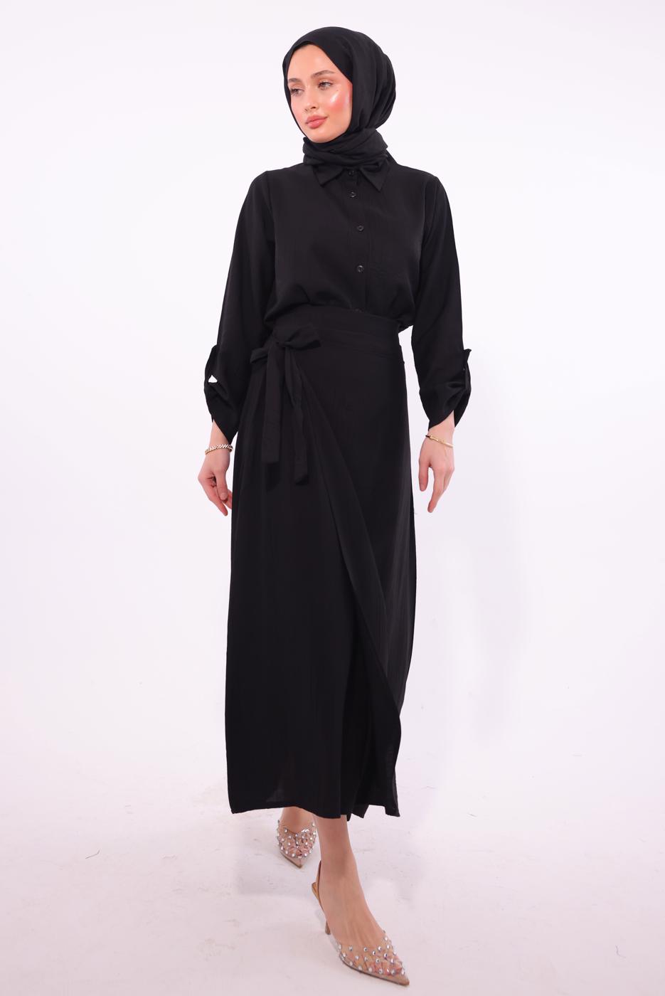 Tesettür giyim SİYAH BAĞLAMA DETAYLI ETEKLİ TAKIM T 1374
