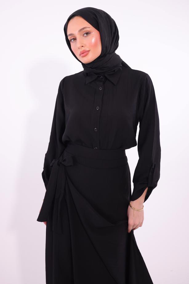 Tesettür giyim SİYAH BAĞLAMA DETAYLI ETEKLİ TAKIM T 1374 - TRENDTESETTÜR