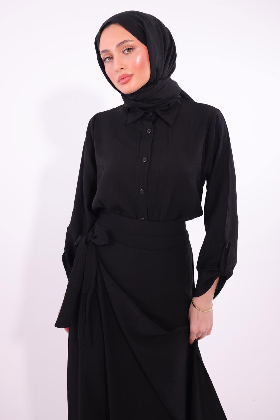 Tesettür giyim SİYAH BAĞLAMA DETAYLI ETEKLİ TAKIM T 1374