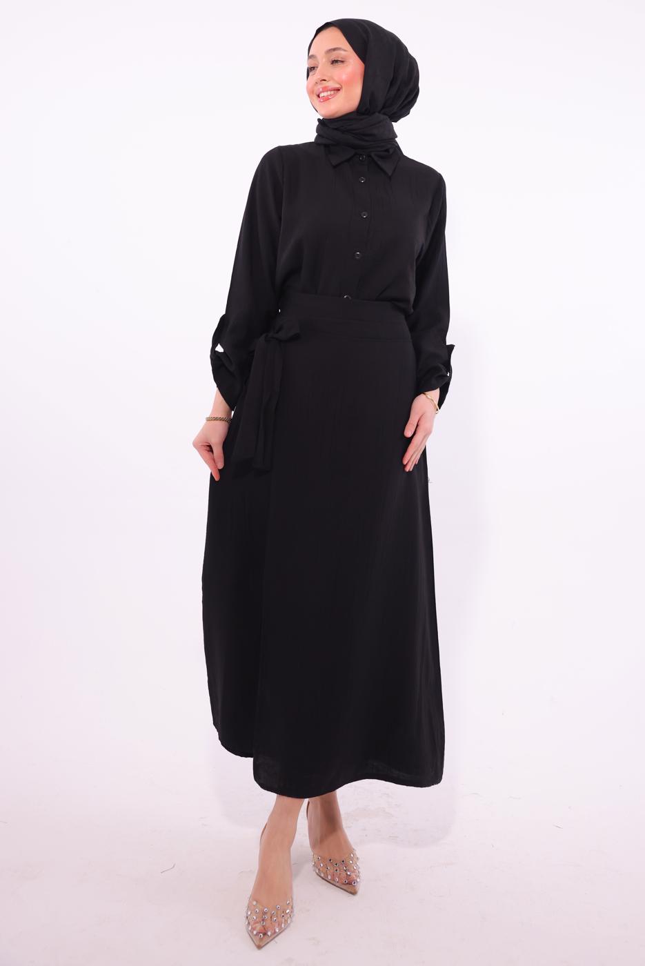 Tesettür giyim SİYAH BAĞLAMA DETAYLI ETEKLİ TAKIM T 1374