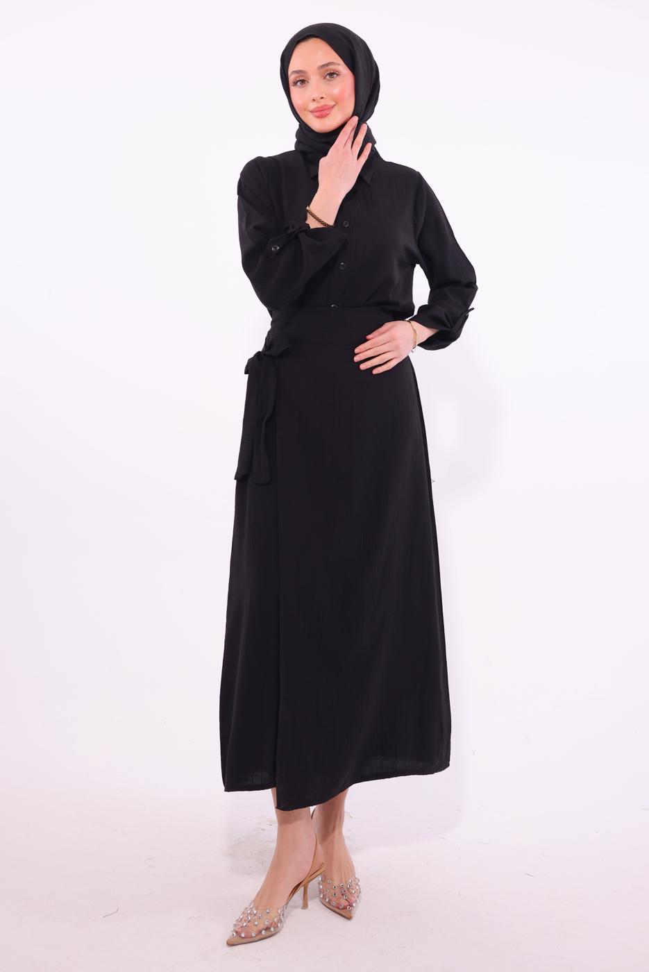 Tesettür giyim SİYAH BAĞLAMA DETAYLI ETEKLİ TAKIM T 1374