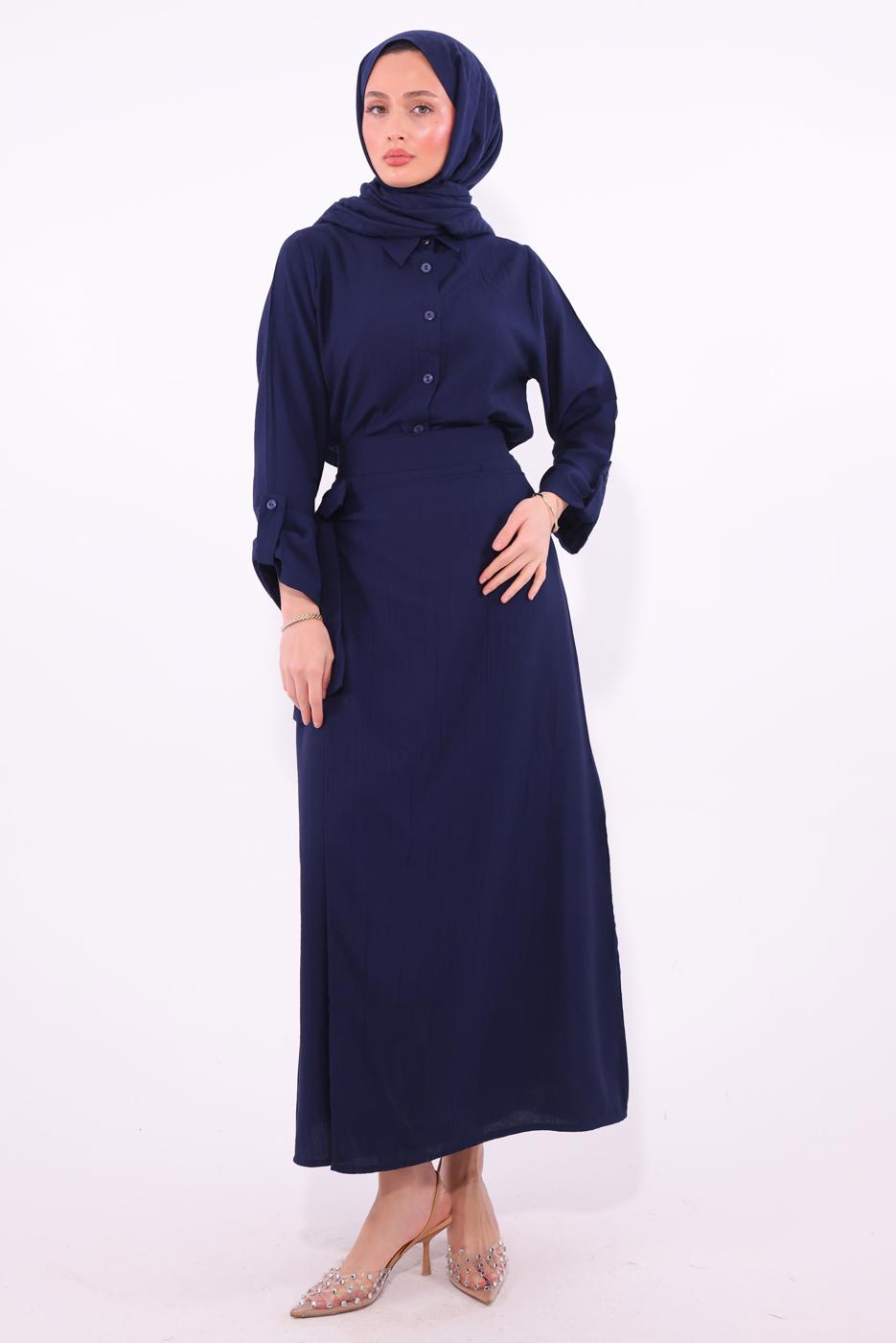 Tesettür giyim LACİVERT BAĞLAMA DETAYLI ETEKLİ TAKIM T 1374