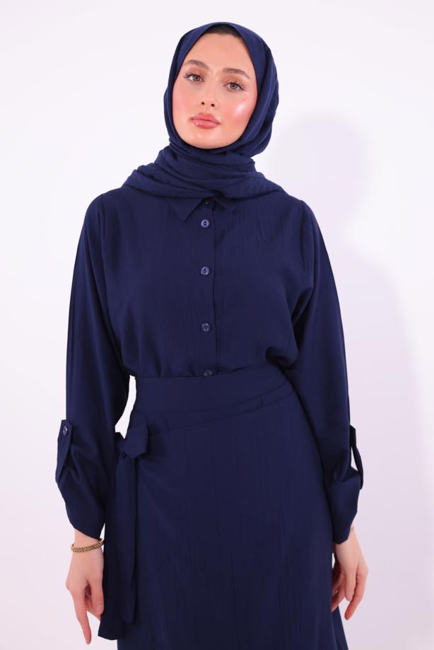 Tesettür giyim LACİVERT BAĞLAMA DETAYLI ETEKLİ TAKIM T 1374 - TRENDTESETTÜR
