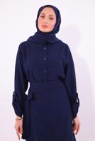 Tesettür giyim LACİVERT BAĞLAMA DETAYLI ETEKLİ TAKIM T 1374