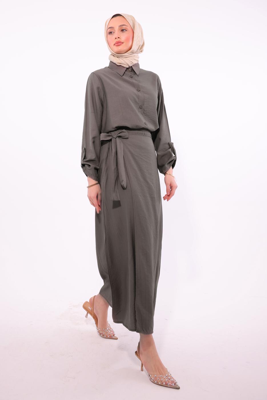 Tesettür giyim VİZON BAĞLAMA DETAYLI ETEKLİ TAKIM T 1374