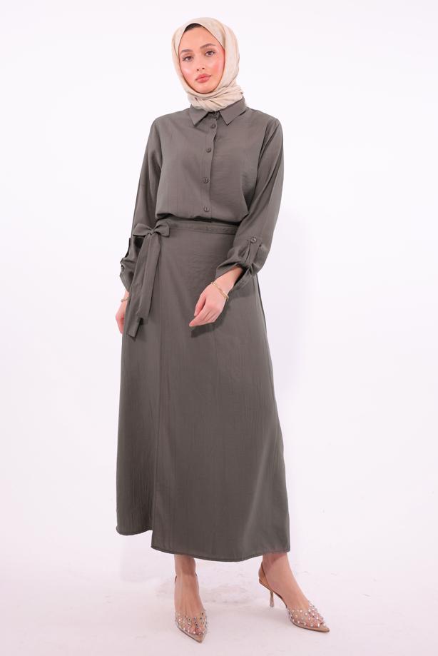 Tesettür giyim VİZON BAĞLAMA DETAYLI ETEKLİ TAKIM T 1374 - TRENDTESETTÜR