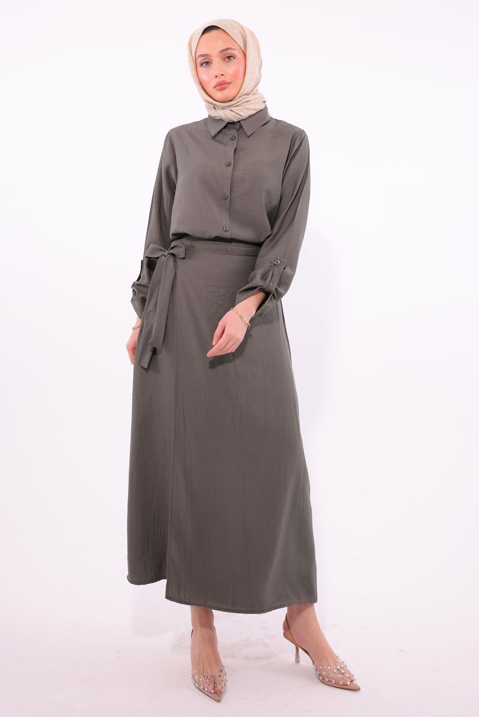 Tesettür giyim VİZON BAĞLAMA DETAYLI ETEKLİ TAKIM T 1374