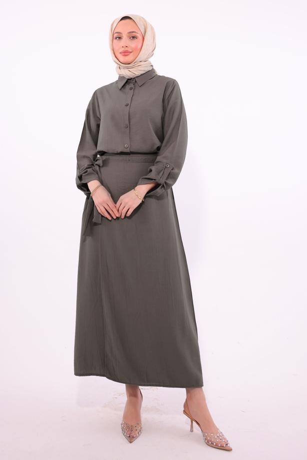 Tesettür giyim VİZON BAĞLAMA DETAYLI ETEKLİ TAKIM T 1374 - TRENDTESETTÜR