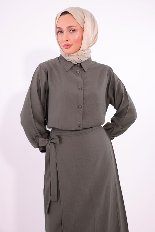 Tesettür giyim VİZON BAĞLAMA DETAYLI ETEKLİ TAKIM T 1374 - TRENDTESETTÜR