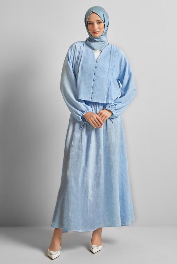 Tesettür giyim MAVİ DÜĞMELİ ETEKLİ TAKIM T 1922 - TRENDTESETTÜR
