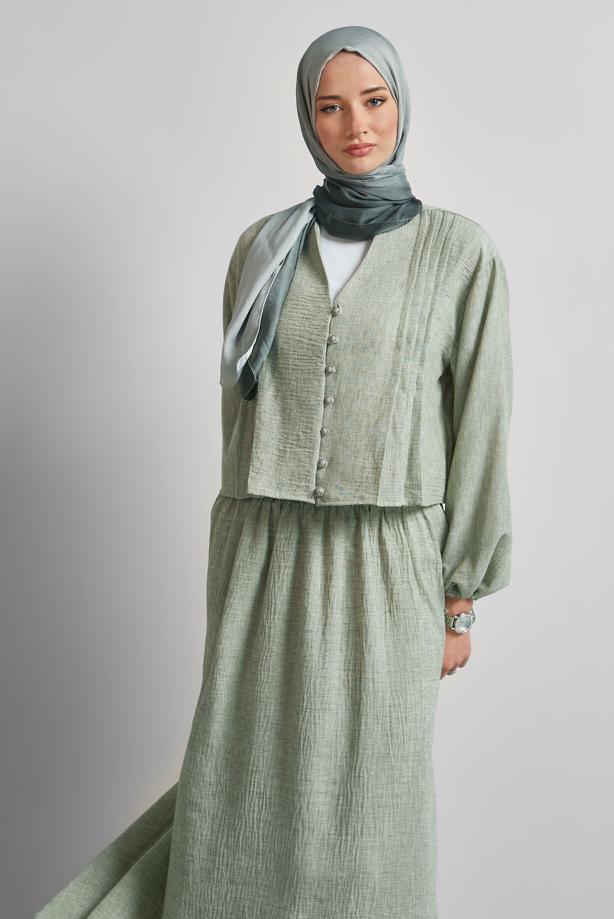 Tesettür giyim HAKİ DÜĞMELİ ETEKLİ TAKIM T 1922 - TRENDTESETTÜR